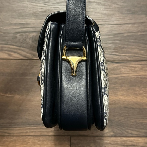 Vintage Gucci Horsebit 1955 Shoulder Bag in Navy Blue Coated Canvas & Leather - Picture 5 of 16